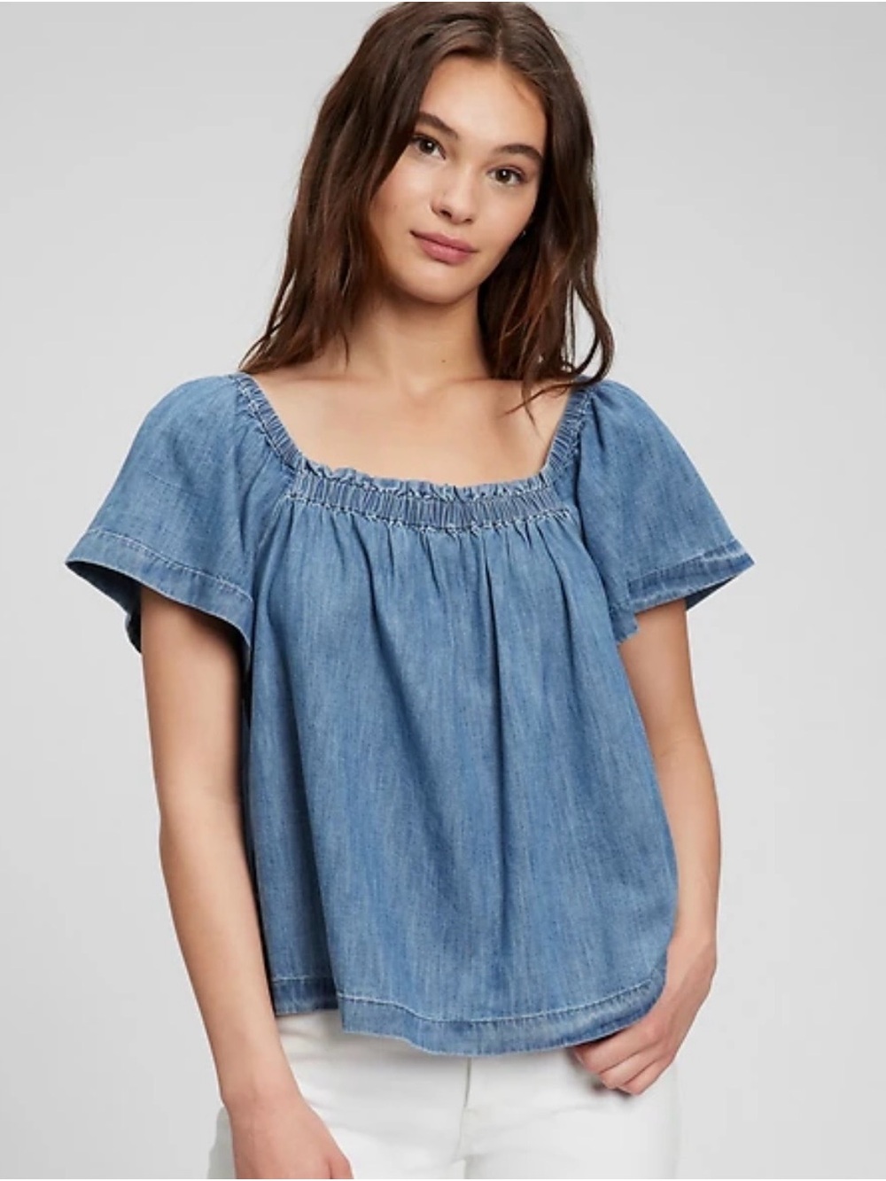 Gap Classic Smocked Square-Neck Chambray Top - Blue
